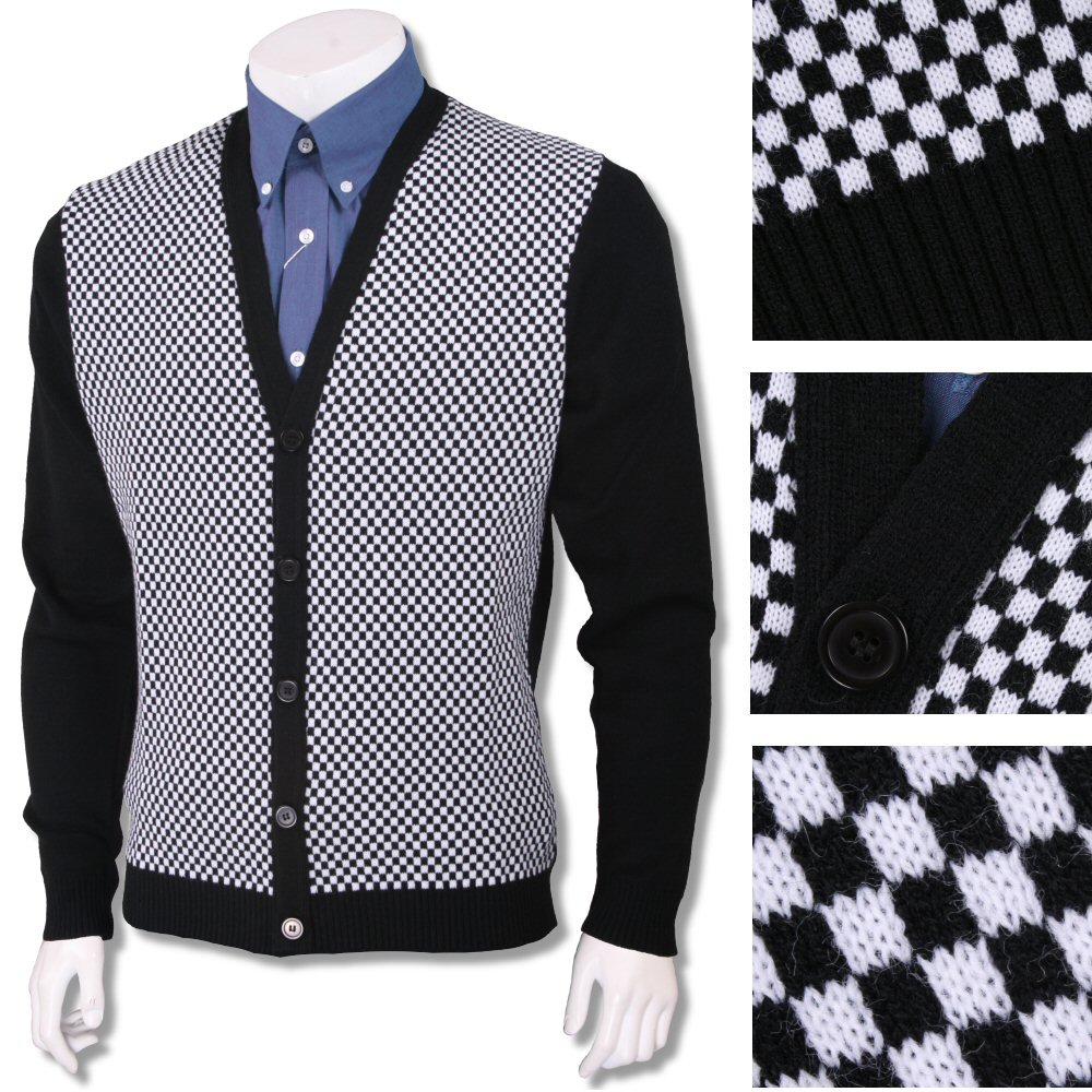 /Relco Mod 60's Heavy Gauge Knit Checkerboard Cardigan Black / White | Adaptor Clothing